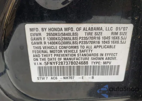 2007 Honda Pilot Exl from USA, damaged, VIN 5FNYF28737B024688